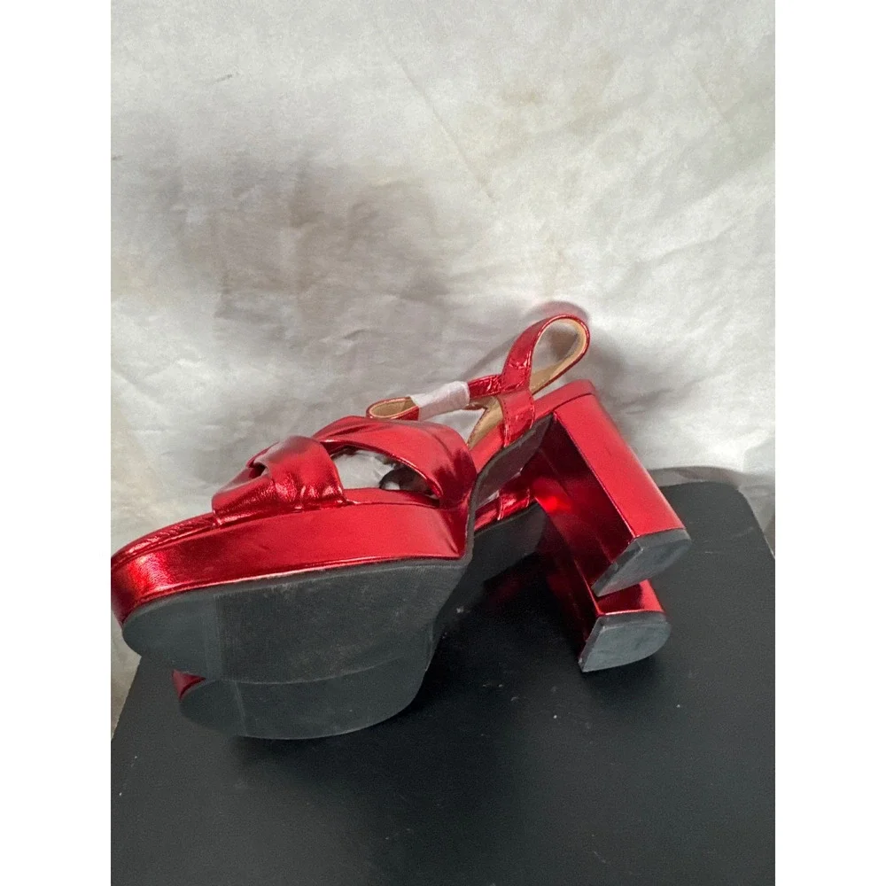 VILOPORLOR Red Metallic Bow Platform Block Heel Sandals Womens Size 8